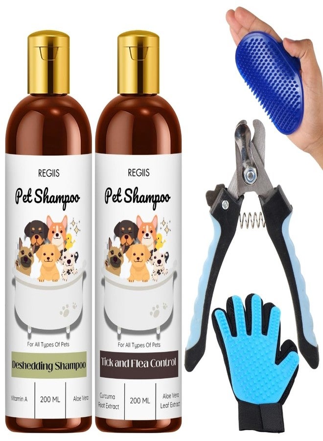 REGIIS Pet Grooming Kit with Deshedding Shampoo and Tick and Flea Control Shampoo, 200 ML, Professional Grooming Glove and Brush Set(Pack of 5) - Image 1